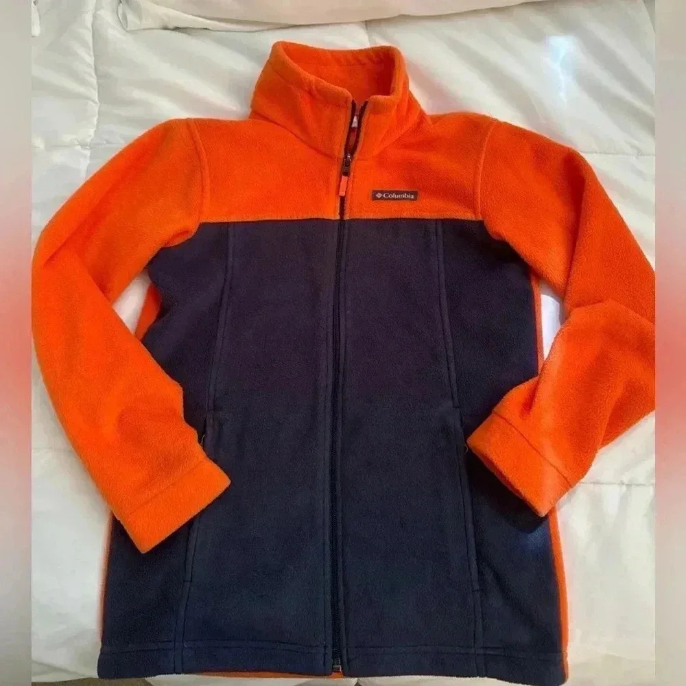 Columbia boys full zip fleece jacket orange & Navy sz M 10/12